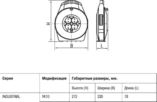 Удлинитель на катушке 4гн. 10м с/з ПВС 3х1мм2 INDUSТRIAL IEK