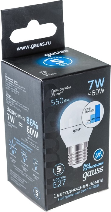Лампа GAUSS LED DIMMER (STEP) Шар 7W 220V E27 4100K 550Lm