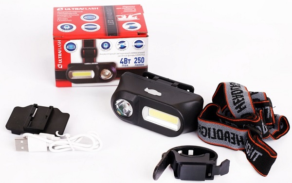 Фонарь Ultraflash LED53763 (налоб.аккум 3,7В, черный, XPE + COB LED, 3+3 Ватт, 1 реж., крепл., бокс)