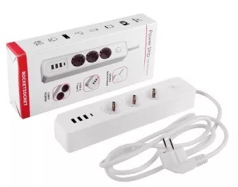 Удлинитель 3 Euro 16A, 4 USB 3A+C 5В/3,4А Power Strip RocketSocket