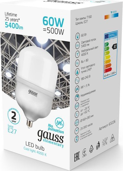 Лампа Gauss Elementary LED T160 E27 60W 5400lm 180-240V 4000K 1/6