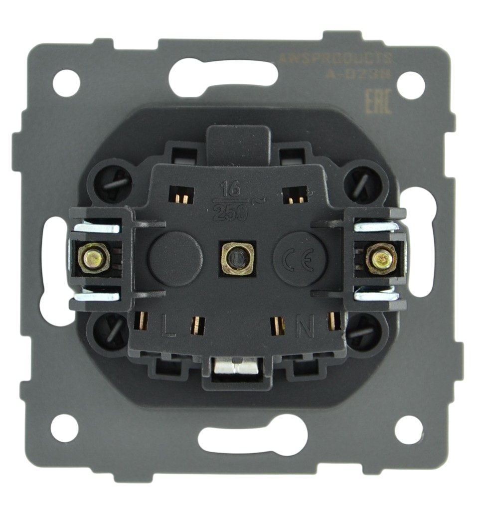 Розетка 1-я с крышкой с/з с шторками чёрная A-023B "Aura" AWSproducts