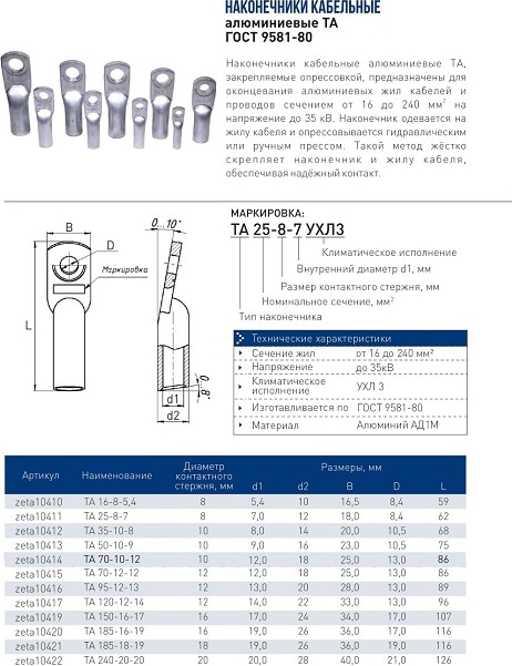 Наконечник алюминиевый ТА 240-20-20 ЗЭТАРУС