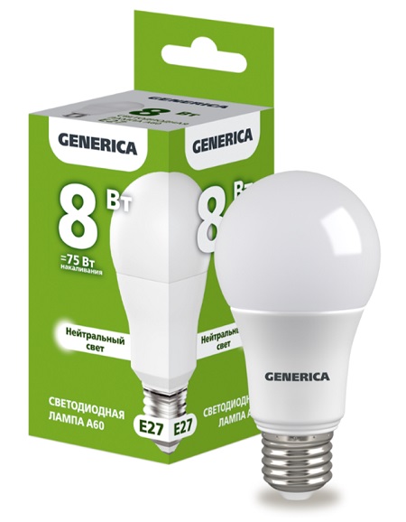 Лампа LED A60 E27 4000К  8Вт 800Lm GENERICA