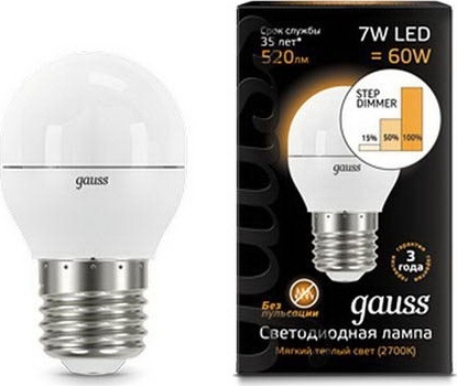 Лампа GAUSS LED DIMMER (STEP) Шар 7W 220V E27  2700/3000К 520Lm
