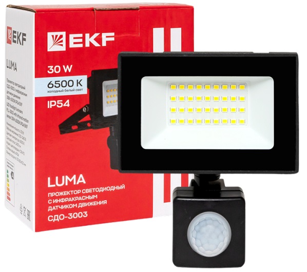 Прожектор LED СДО-3003 6500K 30W 2400Lm IP65 ИК-датчик черный EKF