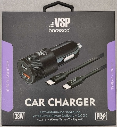 Автомобильное зарядное устройство Power Delivery+QC3.0,38W+дата-кабель Type-C-Type-C,черное (0213)