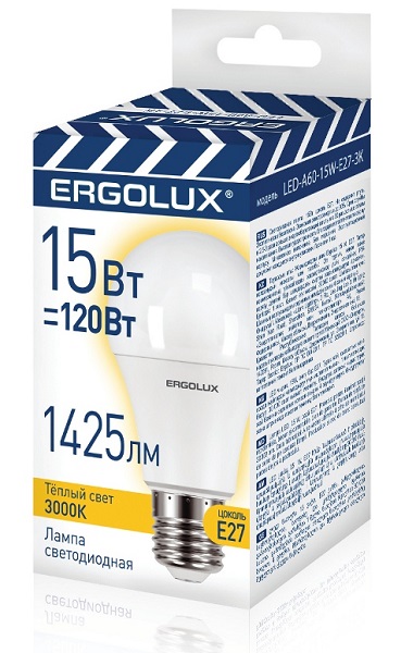 Лампа светодиодная Ergolux LED-A60-15W-E27 ЛОН 3000K 220-240В)