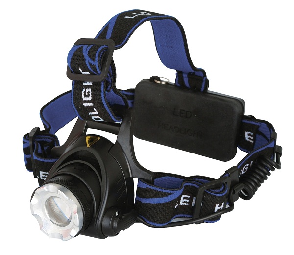 Фонарь Camelion E150 (налобный аккум 220В, черный, 3W CREE LED, фокус, 2 аккум., 3 реж, пластик, бок