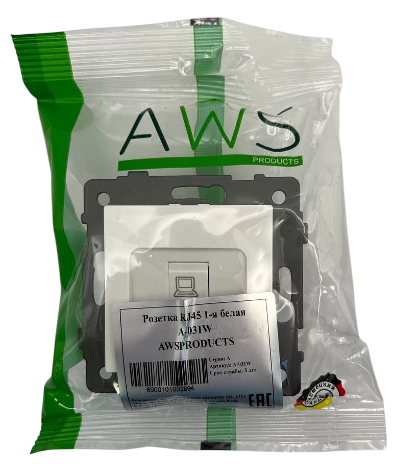 Розетка RJ45 (cat 5e) 1-я белая A-031W AWSPRODUCTS