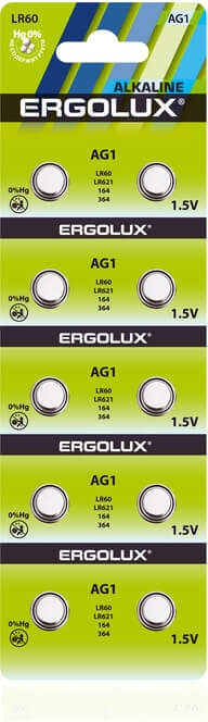 Элемент питания Ergolux AG 1 BL-10 (AG1-BP10, LR60 /LR621 /164 /364)