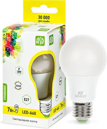 Лампа светодиодная LED-A60-standard  7Вт 220В Е27 3000К 630Лм ASD