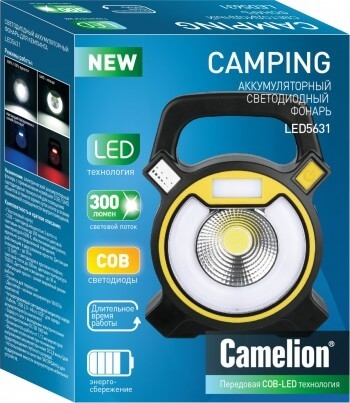 Фонарь Camelion LED5631  (фонарь акк., кемп, COB LED, 5В 2,4А-ч, USB, пласт, черный, коробка)