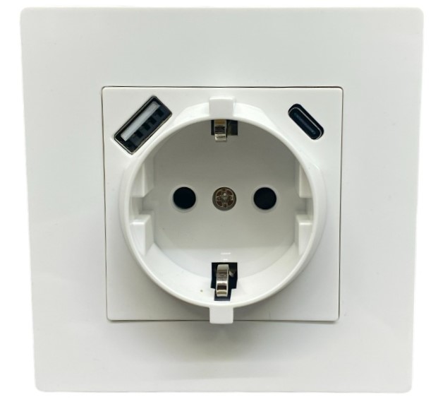 Розетка 1-я с/з с шторками с USB и TYPE C (5В, 2.1А) белая A-026W "Aura" AWSproducts