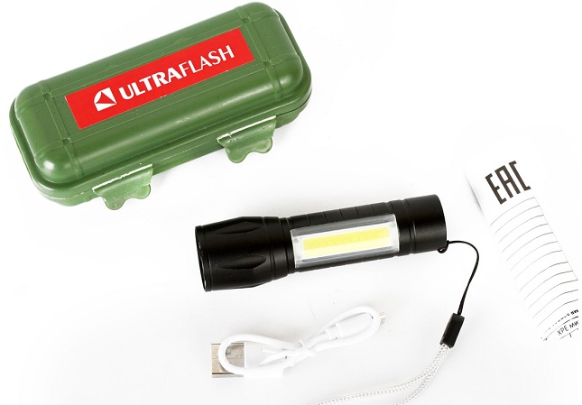 Фонарь Ultraflash E1337 (фонарь аккум 3,7В, черный, XPE + COB LED, 3 Ватт, 3 реж., бокс)