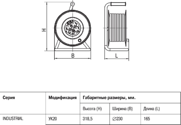 Удлинитель на катушке "Industrial" УК20 4 места с/з 20м 3х1,0мм2 IEK
