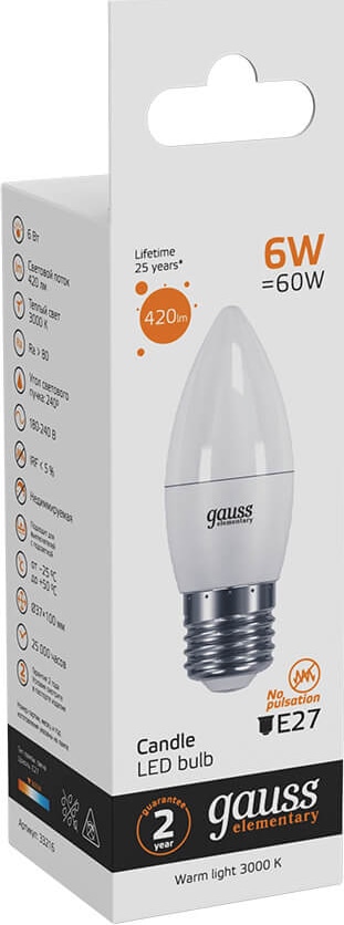 Лампа Gauss Elementary LED  Свеча 6W 220V E27  2700/3000К 420Lm