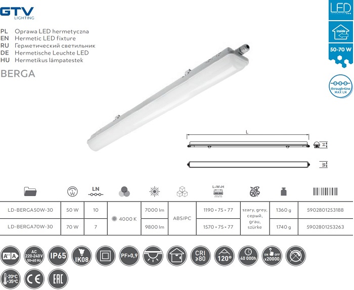 Светильник линейный LED BERGA 70W 4000K 9800Lm IP65 1500мм GTV