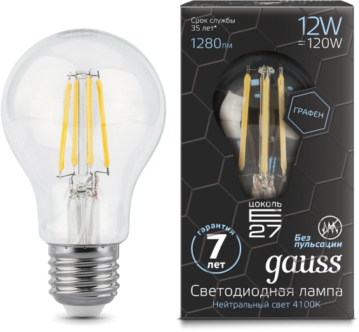 Лампа GAUSS LED Filament GRAPHENE A60 E27 12W 4100К 1280Lm