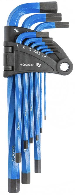 Набор шестигранных ключей удлиненных скрученных вдоль оси, Г-образных 1,5-10 мм, 9 шт. HOEGERT