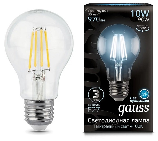 Лампа LED A60 E27 4100К 10Вт 970Лм Filament Gauss