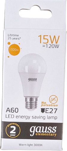 Лампа Gauss Elementary LED  A60 15W 220V E27  2700/3000К 1320Lm