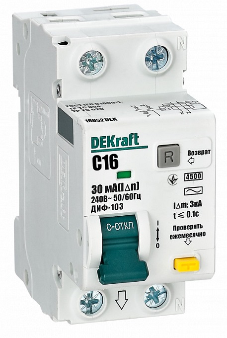 АВДТ ДИФ-103 C16/1+N 30мА, тип AC, 4.5кА Dekraft