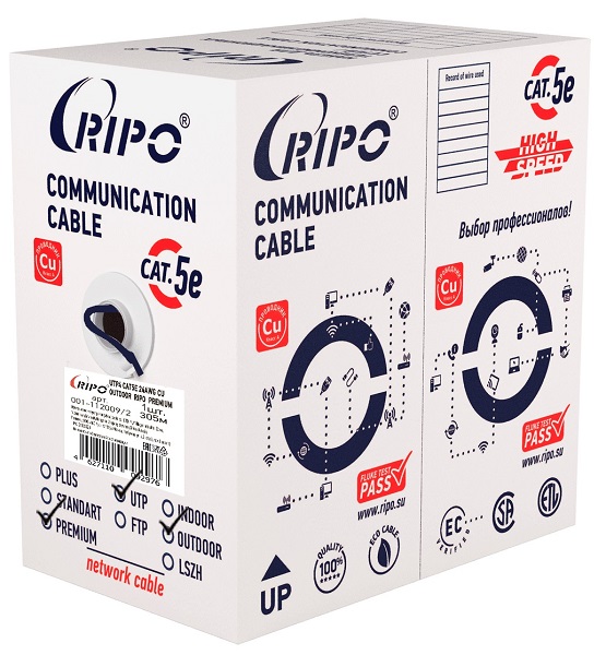 Кабель RIPO UTP4 CAT5E 24AWG 305м CCA (outdoor) Plus Fluke test