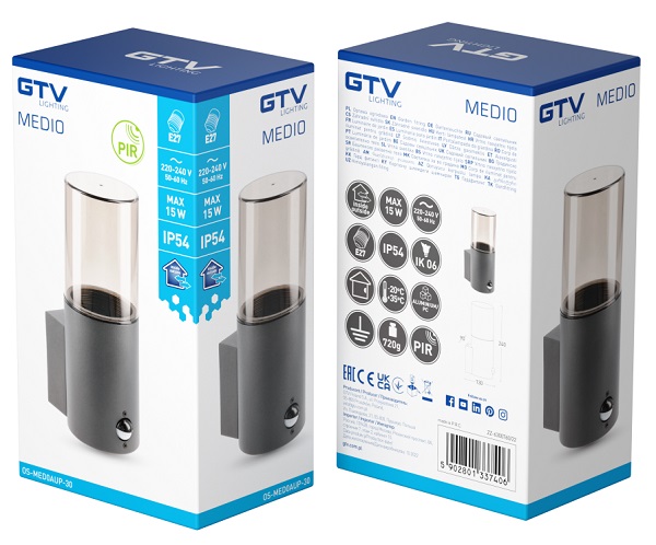 Светильник фасадный MEDIO-AU PIR, E27, MAX.15W, IP54, AC220-240V, 50-60Hz, графит GTV