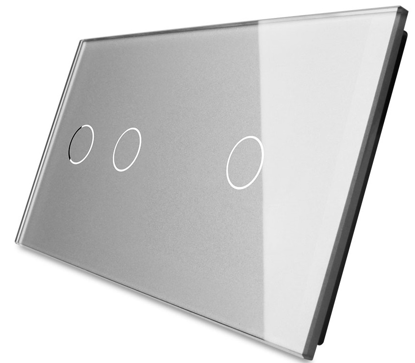 Панель для двух сенсорных выключателей Livolo, 3 клавиши (1+2), цвет серый, стекло