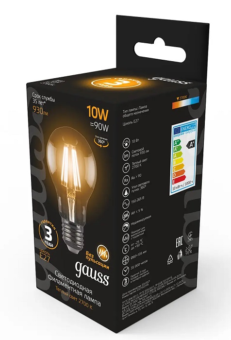 Лампа GAUSS LED Filament A60 E27 10W 2700К 930Lm