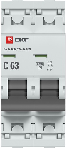 Автоматический выключатель 2P 63А (C) 6кА ВА 47-63N EKF PROxima
