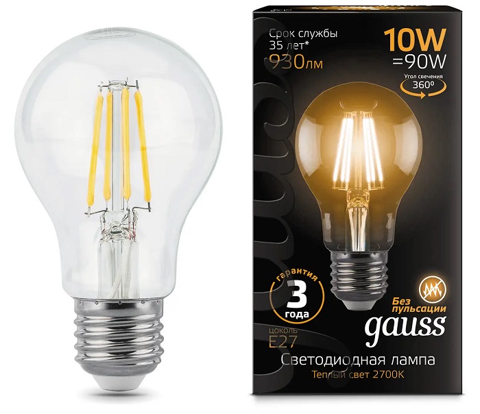 Лампа LED A60 E27 2700К 10Вт 930Лм Filament Gauss