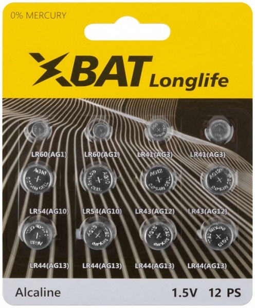 Батарейка щелочная, комплект( тип AG1*2 шт, AG3*2 шт, AG10*2 шт, AG12*2 шт, AG13*4 шт), ком
