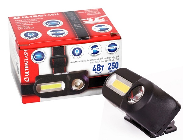 Фонарь Ultraflash LED53763 (налоб.аккум 3,7В, черный, XPE + COB LED, 3+3 Ватт, 1 реж., крепл., бокс)