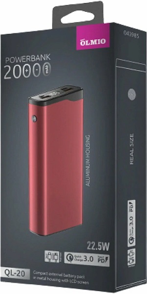 Портативная баттарея OLMIO QL-20 (22.5W PD/QC3.0) 20000 mAh красная