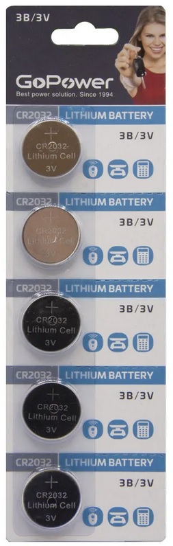 Батарейка CR-2032 BL5 Lithium 3V круглая GoPower(бл 5шт)