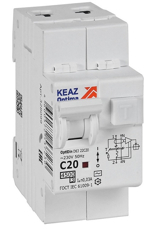 АВДТ32 OptiDin D63-22C20-AC-У3 С20/2 30мА, тип AC, 4.5кА КЭАЗ