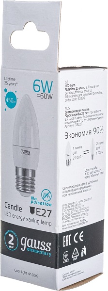 Лампа LED C35 E27 4100К 6Вт 450Лм Elementary Gauss