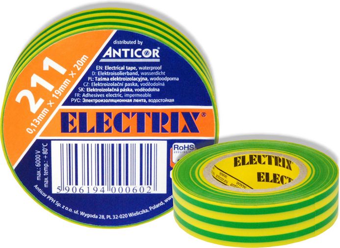 Изолента ELECTRIX 211  PCV (0,13mm*19mm*20m) желто-зеленая