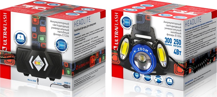 Фонарь Ultraflash E1334 (налоб акк 3,7В, синий  /черный, 3LED, 4 Ватт, фокус, 2 ак 4 реж, метал,)