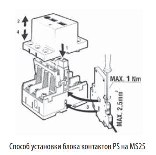 Блок контактов PS 11 (1NO+1NC) для MS 25 ETI