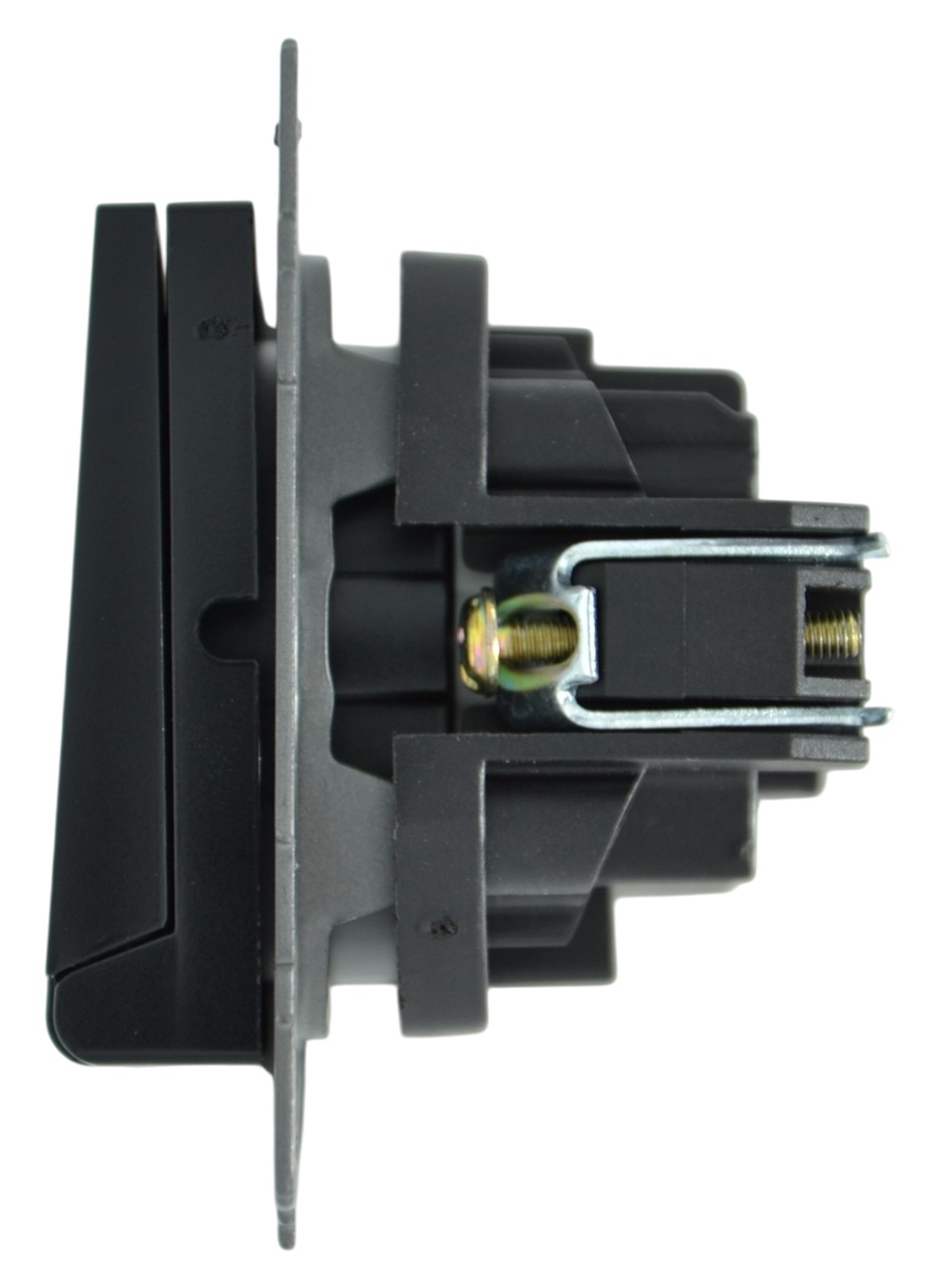 Розетка 1-я с крышкой с/з с шторками чёрная A-023B "Aura" AWSproducts