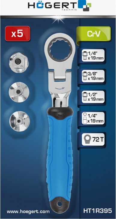 Ключ трещоточный с шарниром и адаптерами (5 шт.) HOEGERT