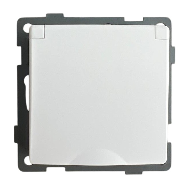 Розетка 1-я с крышкой с/з с шторками белая U1A-012 SoftTouch "Uno" AWSproducts