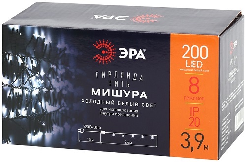 Гирлянда LED Нить Мишура 3,9м зеленый провод, холодный свет, 220V ЭРА