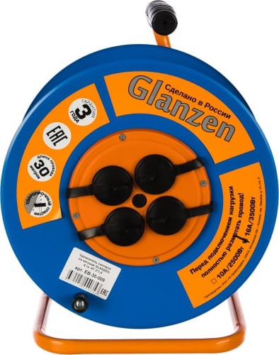 Удлинитель силовой на катушке GLANZEN 4 гн. КГ 3х1,5 IP20