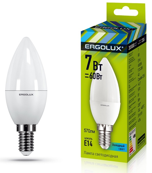 Лампа светодиодная Ergolux LED-C35-7W-E14-4K Свеча 4500K 172-265В)