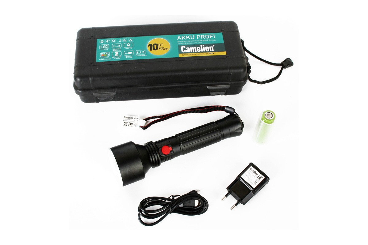 Фонарь Camelion E163 (аккум. 3,7В, черный, T40 LED, 10 Ватт, 3 реж., алюминий, бокс)