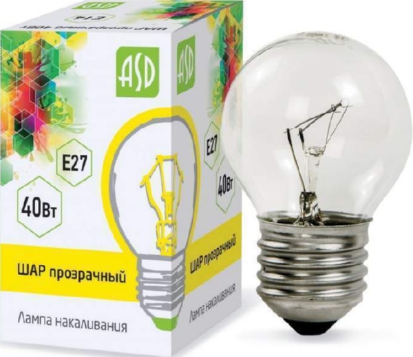 Лампа накаливания ШАР P45 40Вт 230В Е27 прозрачный 380Лм ASD